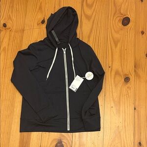 Vuori Midnight Heather Zip Hoodie with White Drawstring